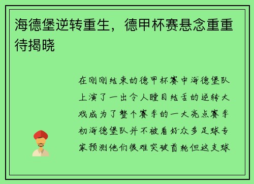 海德堡逆转重生，德甲杯赛悬念重重待揭晓