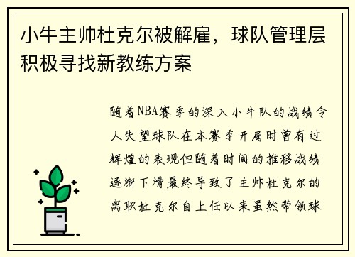 小牛主帅杜克尔被解雇，球队管理层积极寻找新教练方案