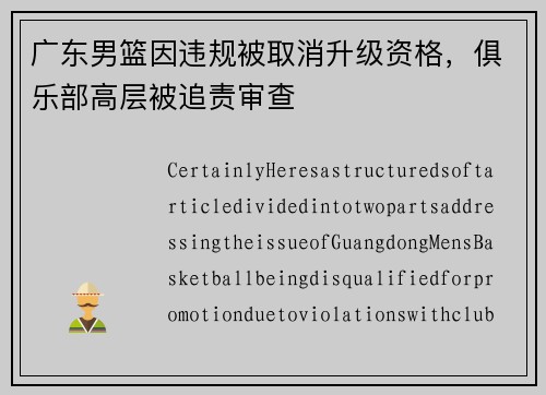 广东男篮因违规被取消升级资格，俱乐部高层被追责审查