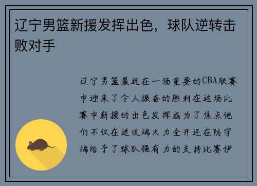辽宁男篮新援发挥出色，球队逆转击败对手